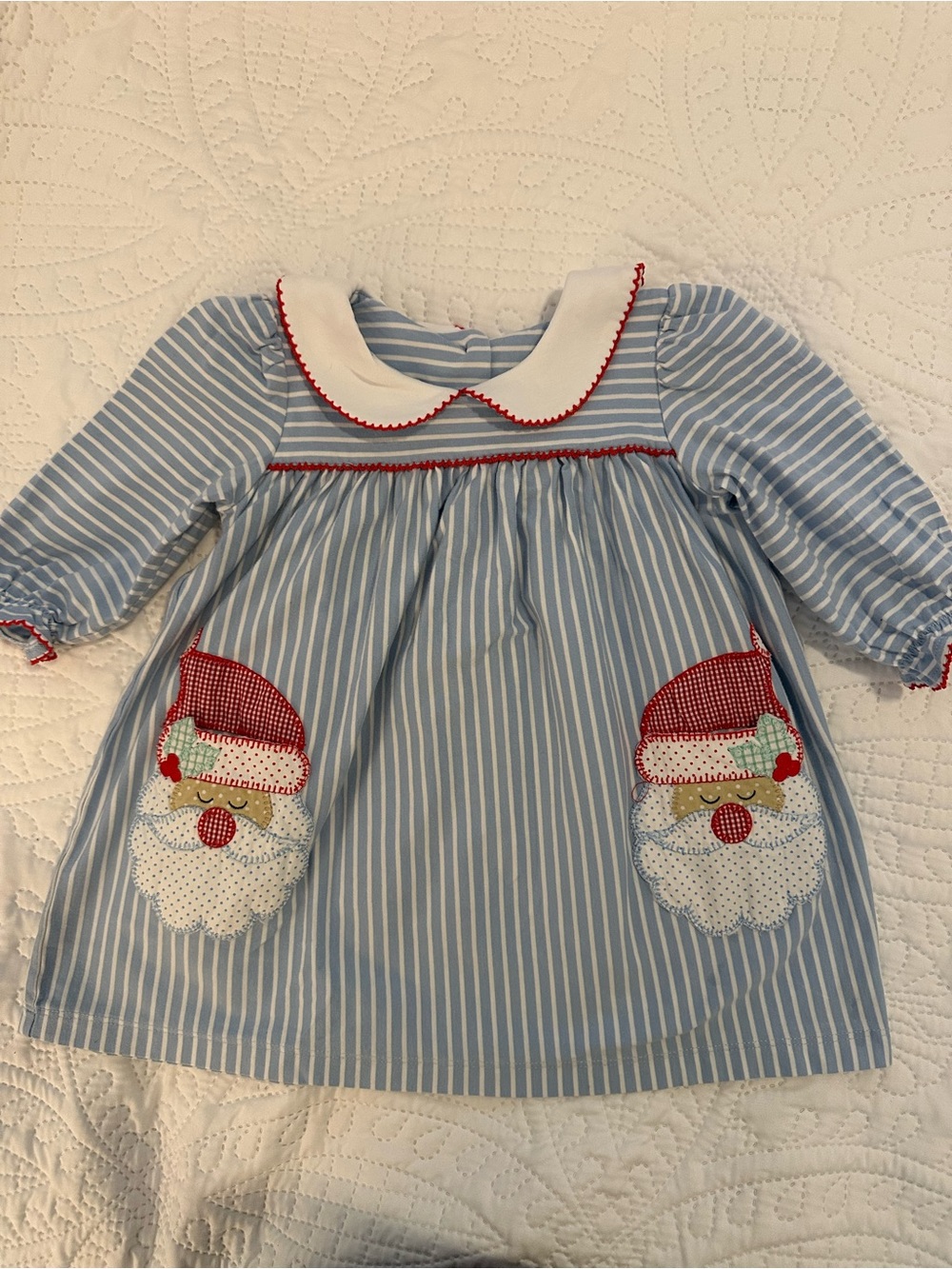 Blue Striped Holiday Santa Applique Dress for Kids